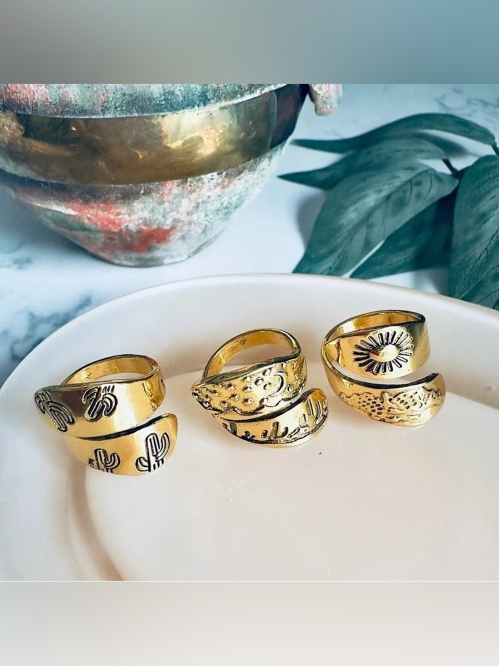 2/$30🌵 Cactus Mountain Range Etched Ring Set Sun Moon Gold Tone Adjustable NEW